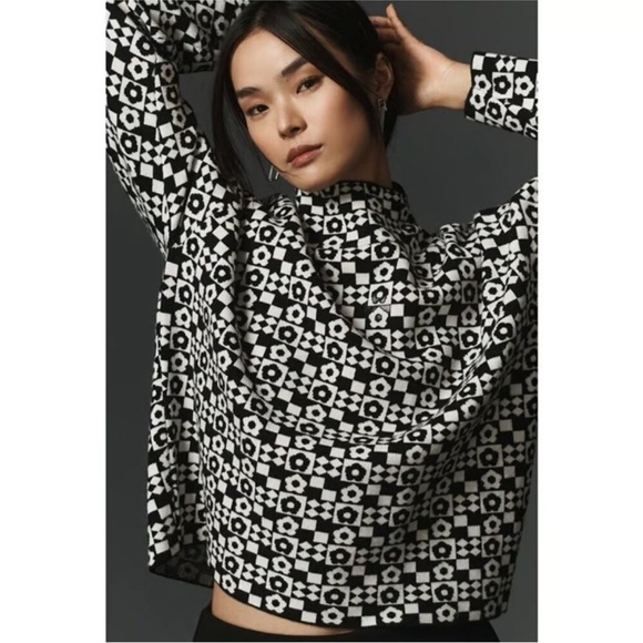New Maeve Anthropologie The Carys Mock Neck Sweater Argyle XS NWT - Picture 1 of 12